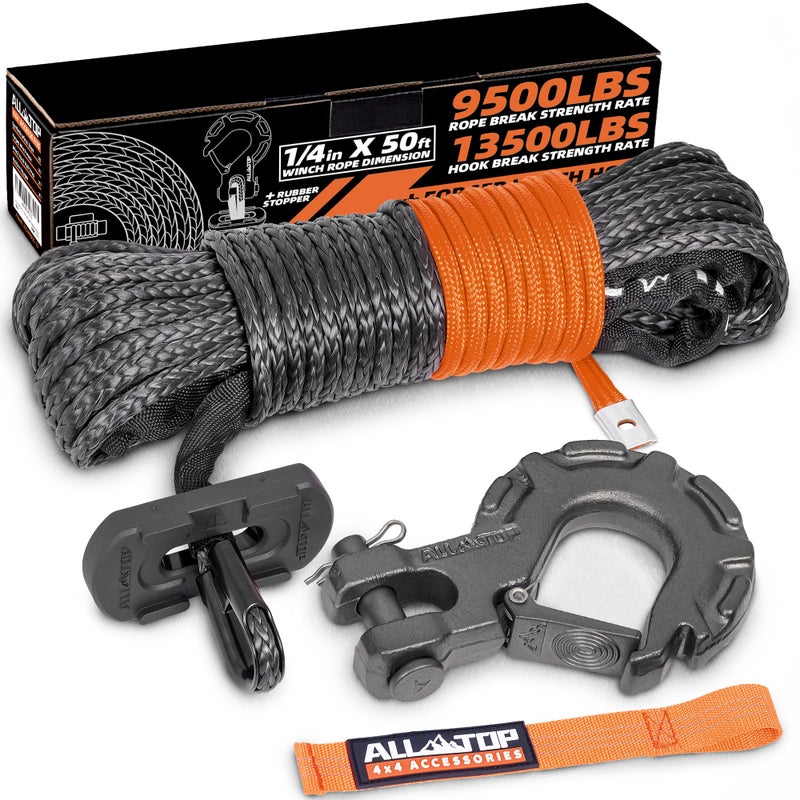 ALL-TOP Synthetic Winch Rope w/Hook & Isolator  1/4in x 50ft  9500Lbs UHMWPE Cable Replace Kit  Forged Hook & Rubber Stopper & Safety Pull Strap - Image 1